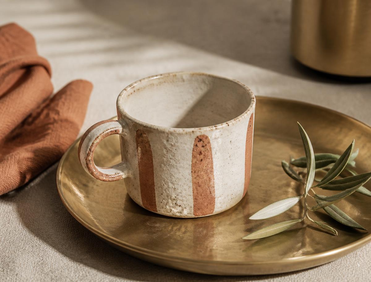 Handmade ceramic cup on a brass tray with an olive sprig